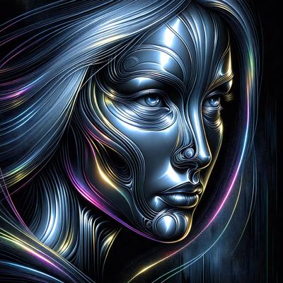 The primary subject of the image is a woman with long hair, who appears to be a futuristic robot or a cyborg. She has a metallic look and is surrounded by a colorful background. The visual style of the image is digital art or illustration, with a focus on the woman's unique appearance. The colors and mood of the image are vibrant and futuristic, creating a sense of wonder and intrigue.